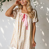 Birdie Floral Print Contrast Ribbon Bow Lace Trim Square Neck Mini Dress
