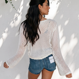 Felicity Scalloped Trim Hollow Out Knit Long Sleeve Top - White