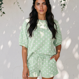Sunday Slowdown Set Polka Dot Oversized Top Drawstring Short Set - Green