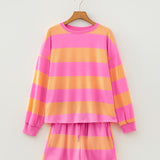 Pink Stripe Long Sleeve Casual Top Drawstring Shorts 2pcs Set