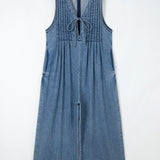 Melany Pintuck Tie V Neck Denim Wide Leg Jumpsuit