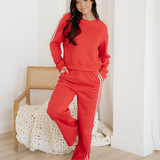 Fiery Red Varsity Striped Detail Crewneck Pullover Elastic Sweatpants 2pcs Outfit
