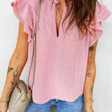Lauren Stripe Frilly Split Neck Double Ruffled Short Sleeve Blouse