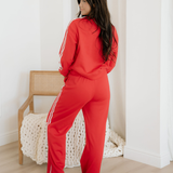 Fiery Red Varsity Striped Detail Crewneck Pullover Elastic Sweatpants 2pcs Outfit