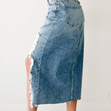 Kendall Distressed Hem Denim Midi Skirt - Light Wash