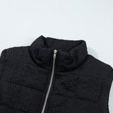 Black Textured Quilted Stand Neck Zipper Winter Vest