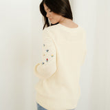 Gemma Mixed Texture Knit Flower Embroidered Detail Casual Sweater