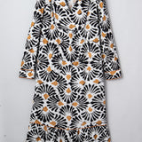 Lucille Abstract Floral Print Split V Neck Long Dress with Sleeves | Dropship