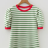Kimberly Stripe Short Puff Sleeve Contrast Trim Round Neck Tee - Green