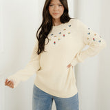 Gemma Mixed Texture Knit Flower Embroidered Detail Casual Sweater