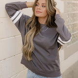 Varsity Striped Sleeve Loose Sweatshirt - Dark Gray | Dropship