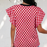 Cassidy Checkered Print Ruffle Short Sleeve Contrast Trim Round Neck Top