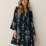 PREORDER Samara Boho Floral Print Lettuce Trim 3/4 Sleeve Mini Dress - Blue | Dropship