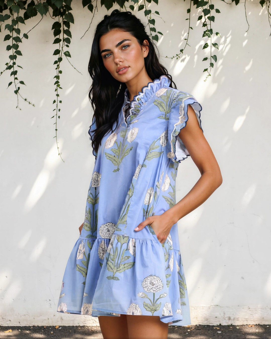 Everrett Scalloped Embroidery Trim V Neck Drop Waist Mini Dress