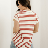 Maisie Stripe Half Buttons Round Neck T Shirt - Red