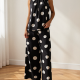 Paris Polka Dot Print Pleated Round Neck Tank Casual Wide Leg Two-Piece Outfit