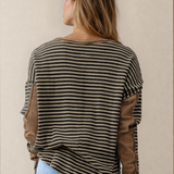 Vanessa Striped Patchwork Knit Drop Shoulder Top - Khaki