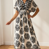 Nalani Boho Floral Print Contrast Patchwork V Neck Dolman Maxi Dress