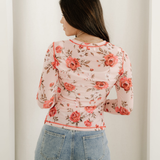 Rose Semi Sheer Crew Neck Long Sleeve Mesh Layering Top