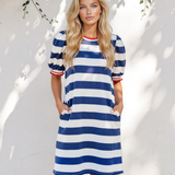 PREORDER Coast to Coast Contrast Trim Round Neck Short Puff Sleeve Shift Mini Dress - Blue