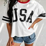 USA Varsity Striped Sleeve Round Neck Tee