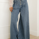 PREORDER Cora Blue Stripe Button Pleated Drawstring Waist Casual Wide Leg Jeans