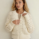 PREORDER Esther Hollowed Pattern Knit Zip Up Drop Shoulder Cardigan | Dropship