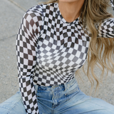 Checkered Mesh Long Sleeve Top - Black | Dropship