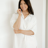 Wrenlee Plain 3/4 Batwing Sleeve Oversize Button Up Blouse - White