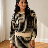 Coffee Run Set Stripe Textured Drop Shoulder Pullover Top Drawstring Mini Skort Two Piece Dress Set - Black