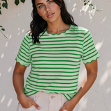Collette Stripe Scalloped Trim Round Neck T Shirt - Bright Green