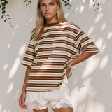 Rylan Brown Stripe Womens Casual Oversized Tee