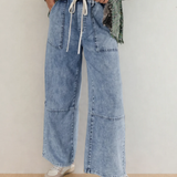 Celestine Acid Wash Exposed Seam Drawstring Elastic Waist Barrel Jeans