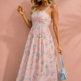 Laylani Floral Print Contrast Trim Self-tie Straps High Waist Midi Dress