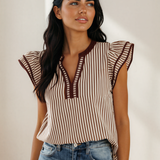 Malani Stripe Double Ruffled Short Sleeve V Neck Blouse