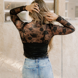 Sheer Floral Lace Top - Black | Dropship