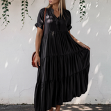 Selah Hidden Buttons Short Sleeve Ruffle Tiered Long Flared Dress