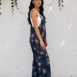 Scottie Floral Print Pleated High Waist Wide Leg Denim Jumpsuit - Dark Wash