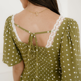 Maleah Polka Dot Print Lacy Neckline Smocked High Waist Maxi Dress