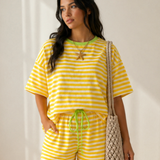 Weekend Retreat Set Contrast Neck Loose Tee and Drawstring Shorts Set - Yellow
