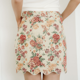 Buttoned Front Floral Scalloped Trim Mini Jacquard Floral Skirt