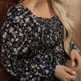 Black Floral Long Sleeve Frilly Shirred Square Neck Mini Dress