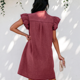 Nellie Frilled Detail Button Down Ruffle Short Sleeve Denim Mini Dress - Red