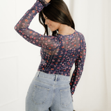 Samantha Floral Print Smocked Cuff Slim Fit Mesh Bodysuit