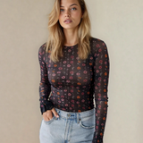 Samantha Floral Print Smocked Cuff Slim Fit Mesh Bodysuit