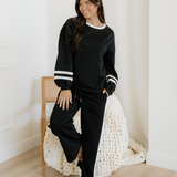 Jordyn Varsity Stripe  Drawstring Wide Leg Pant Set - Black