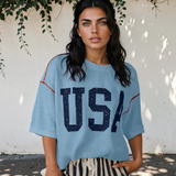 All American USA Graphic Half Sleeve Loose Ribbed Tee - Blue
