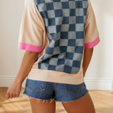 Maia Checkered Denim Patchwork Short Sleeve Loose Top