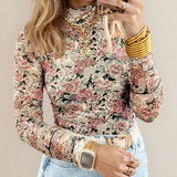 Ophelia Retro Floral Print Mock Neck Mesh Long Sleeve Top - Black