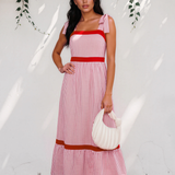 Camila Bow Knot Straps Contrast Trim High Waist Ruffle Hem Maxi Dress